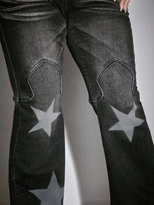 ROMWE Grunge Punk 大码秋冬垃圾朋克街头复古星形水洗做旧不对称磨损下摆牛仔裤，时尚秋季五角星渐变纹理水洗街头风格大码女式牛仔裤，大码音乐节派对秋冬女式牛仔裤 - 彩色 - 查看 7