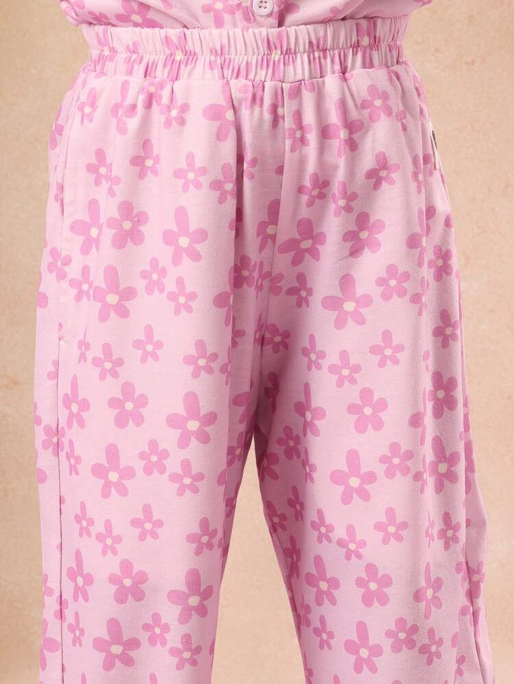 Floral Print Button Down Pajama Set With Pocket