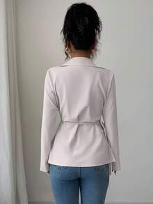 Elenzga Áo sơ mi dài tay bó eo màu trơn thanh lịch dành cho nữ, mùa thu - Màu be - Xem 2