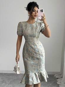 SHEIN Tall Round Neck Short Sleeve Textured Pea Green Embroidered Waist Cinching Bodycon Fish Tail Ruffle Hem Mini Dress, Bubble Sleeves, Elegant French Style For Work, Romantic Occasions