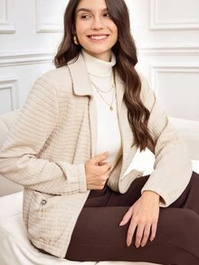 Miaspire 女士休闲提花梭织面料夹克，配有抽绳口袋，适合秋冬季日常穿着 - 杏色 - 查看 6