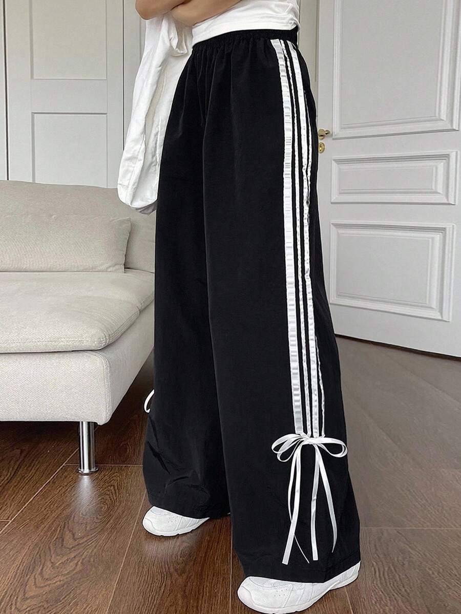 DAZY 條紋側邊束繩腰寬腿褲 - 黑色 - 查看 1