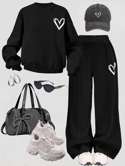SHEIN Girlism 少女灰色针织休闲心形印花纯色宽松落肩长袖运动衫和阔腿运动裤套装，运动服，返校装，适合秋冬季