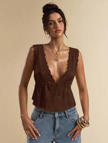 SHEIN BAE Yellow Satin & Lace Patchwork Camisole, Suitable For Vacation, Beach Camisole, Music Festival Camisole, Brunch Outfit, Wedding Guest Camisole, Bridesmaid Camisole, Spring/Summer,Brown Top