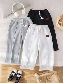 SHEIN 3pcs Boys' Casual Cute Daily Comfortable Classic Black White Grey Loose Straight Sweatshirt & Pants Set, Buy 2 Get 1 Free, Suitable For Outings, School, Gatherings, Autumn/Winter, Back To School Outfits, Fall Outfits,Winter Clothes - Multicolor - View 4