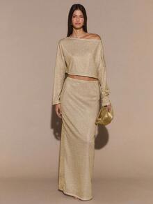 SHEIN BAE Damska jednokolorowa metaliczna, brokatowa, złota/srebrna dzianina z długim rękawem i obszernym, skośnym dekoltem na ramiona, elegancka narzutka na przyjęcie koktajlowe, do klubu, na święta Y2K, dla dziewczyn z klasą, na wakacje