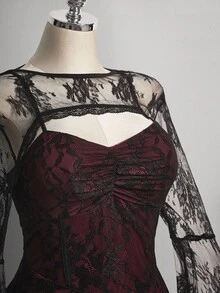 SHEIN ICON Váy ren phối màu cổ vuông cỡ lớn, váy dự tiệc Y2K tay loe, bộ hai mảnh ren nhún vai, trang phục Halloween - Màu Đỏ Sâu - Xem 6