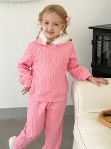 SHEIN LMoss Kids 2件套少女纯色连帽人造毛皮装饰休闲运动衫和紧身裤套装 - 粉色 - 查看 5