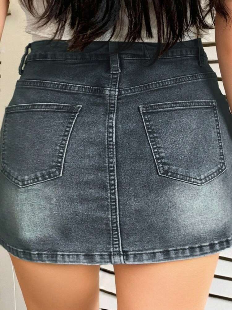 Distressed Denim Wrap-Around Bodycon Safety Shorts Skirt, Spring/Summer