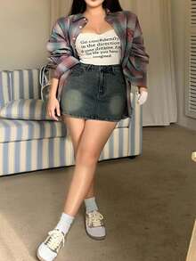 Dazy Plus Plus Size Washed Distressed Denim Wrap Mini Skirt With Built-In Safety Shorts, Spring/Summer Jeans Skirt - Dark Wash - View 4