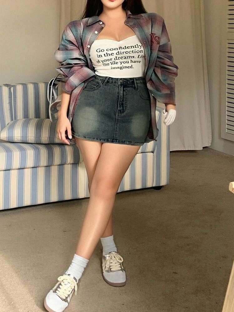 Dazy Plus Plus Size Washed Distressed Denim Wrap Mini Skirt With Built-In Safety Shorts, Spring/Summer Jeans Skirt