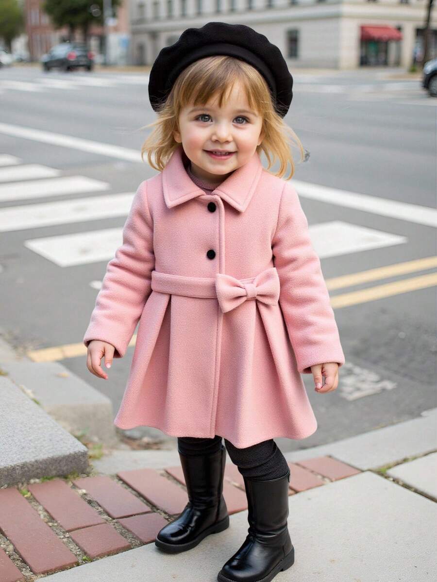 SHEIN 6个月-3岁 2件套 女婴外套 休闲风格秋季服装 女童保暖外套和腰带 - 粉色 - 查看 1