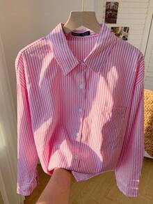 SHEIN Tall CURVE Plus Size Casual & Commuting Stripe Drop Shoulder Long Sleeve Shirt,Business Casual Woman - Pink - View 8