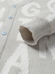 Manfinity EZcore Plus Size Men's Letter Print Front Button V-Neck Long Sleeve Cardigan, Fall/Winter