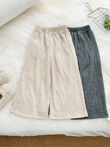 Genkimix Kids 两件套少女时尚简约3D提花针织宽松直筒裤，灰色和米色组合，适合秋季日常穿着。 - 灰色 - 查看 5