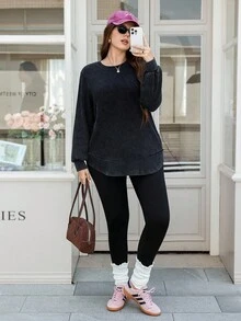 SHEIN LUNE Sudadera casual lavada de talla grande, otoño e invierno para mujer, apta para uso diario, ir a trabajar y uso casual, esencial para uso diario, trayecto y actividades al aire libre, top sencillo de mujer, unicolor - Negro - Ver 5