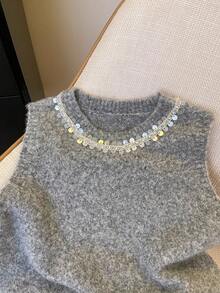 SHEIN Casual Sequin Decor Regular Fit Knit Vest - Grey - View 4