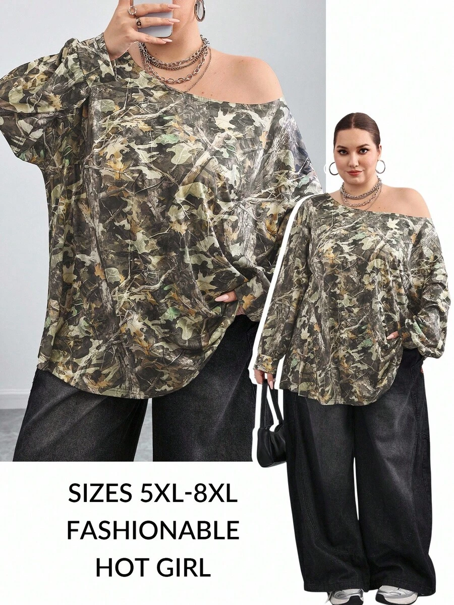 SHEIN CURVE+ Plus Size Women's Y2K Pattern Elastic Off-Shoulder Sports T-Shirt/Autumn /Winter