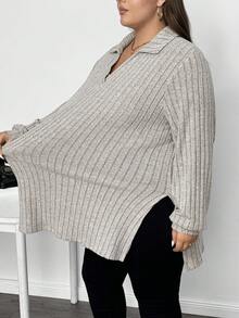 SHEIN CURVE+ Camiseta larga de cuello alto acanalado y manga larga con textura suave para mujer, para otoño/invierno - Gris - Ver 4