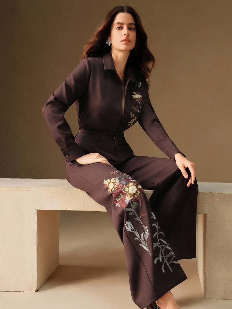 Women's Elegant Maillard Fashionable Vintage Embroidered Long Sleeve Shirt And Pants Set