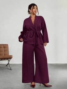 Firerie Plus Size Solid Color Minimalist Casual Long Sleeve Top And Pants Suit Two Piece Set Women Elegant Wide Leg Pants Set/Winter Burgundy Old Money Office - Burgundy - View 5