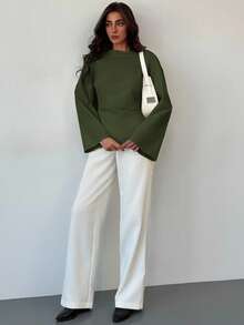 Aloruh Boat Neck Flared Sleeve Cropped Ruched Office Wear Women's Apricot Blouse - Army Green - View 4