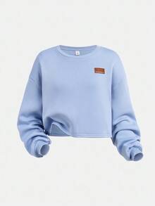 SHEIN 青少年女孩休闲宽松舒适圆领长袖短款连帽衫和裤子套装 - 淺藍色 - 查看 8