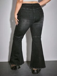 ROMWE Grunge Punk 大码秋冬垃圾朋克街头复古星形水洗做旧不对称磨损下摆牛仔裤，时尚秋季五角星渐变纹理水洗街头风格大码女式牛仔裤，大码音乐节派对秋冬女式牛仔裤 - 彩色 - 查看 4