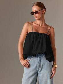 AiiRZ 棉质波西米亚褶皱吊带上衣，带灯笼下摆细肩带，夏季休闲飘逸宽松无袖基本款简约褶皱胸围短款上衣，节日装，海滩度假日常必备 - 黑色 - 查看 3