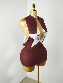 Mistrie Váy mini in hình ngôi sao mùa thu mới, thiết kế màu tương phản khoét sâu gợi cảm dành cho nữ - màu nâu - Xem 4