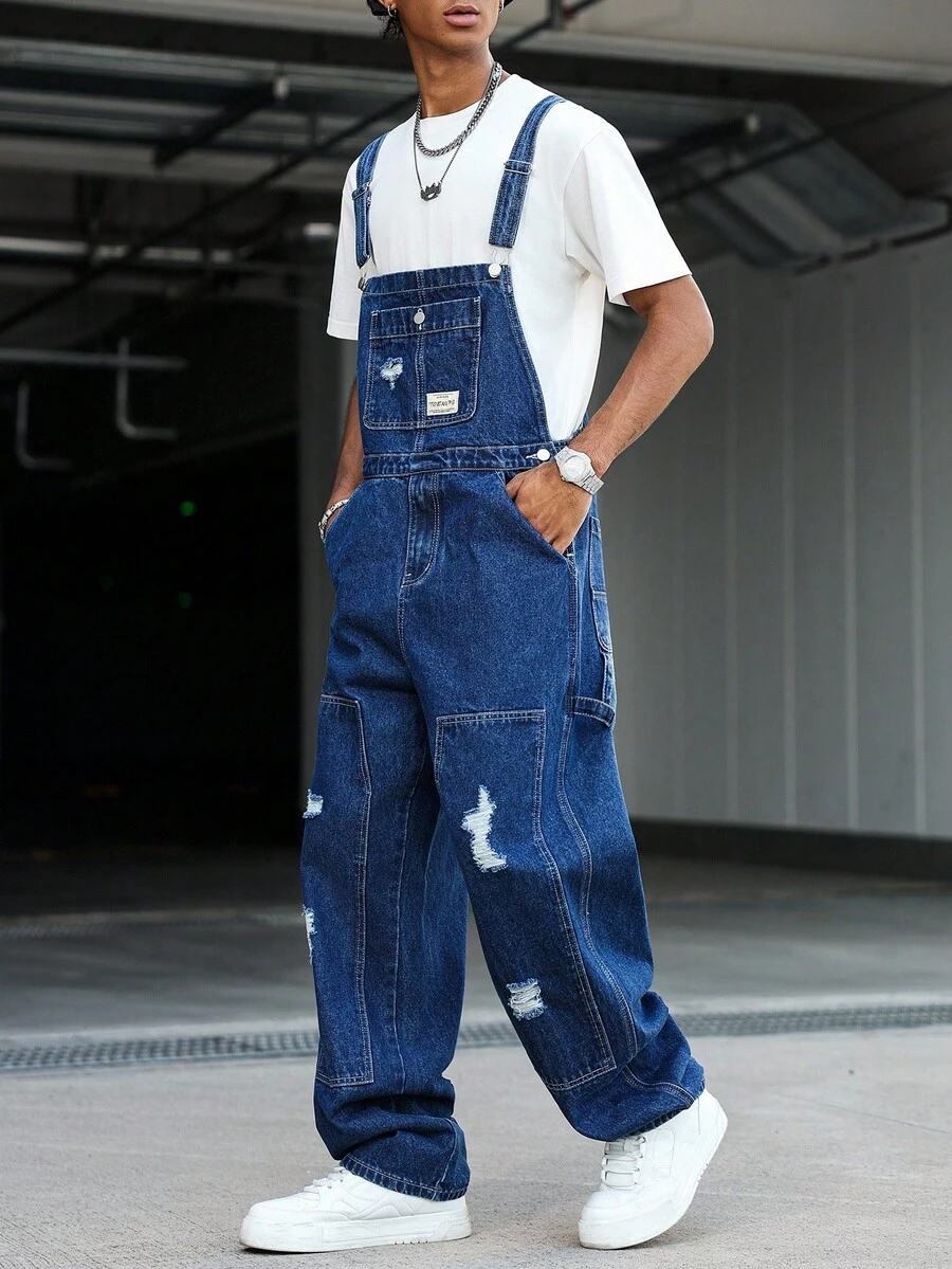 Manfinity EMRG 男式休闲做旧多口袋胸带牛仔背带工装裤