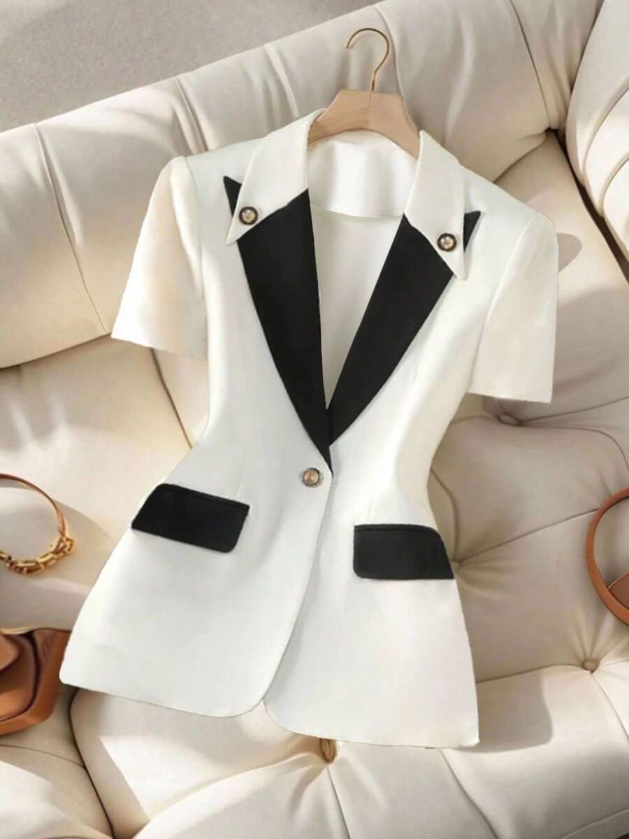 GlowEve Women's Elegant Commute Colorblock Short Sleeve Blazer - Black and White - View 1