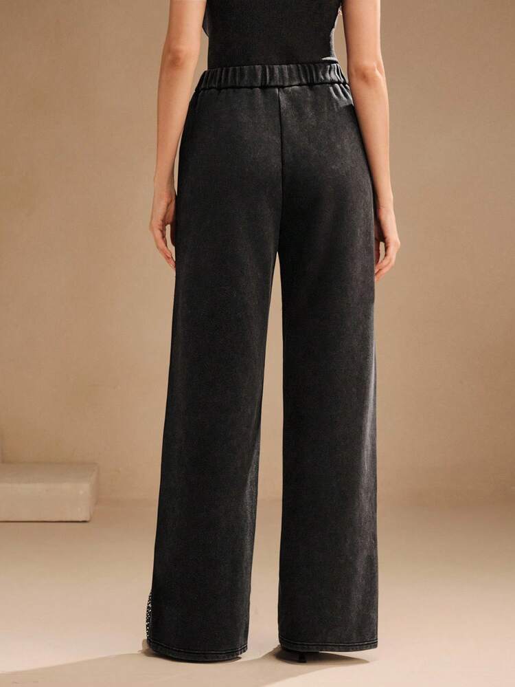 Calça de Moletom Feminina com Decoração de Strass, Cintura Elástica, Estilo Casual Urbano, Adequada para Outono, Inverno, Ano Novo, Elegante, Chique, Estilosa, Natal, Sair