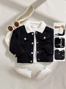 Playful Pals 男婴黑色灯芯绒纽扣前口袋仿毛领长袖夹克，休闲舒适，适合外出或休闲，百搭秋冬 - 黑色 - 查看 8