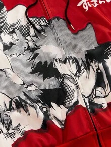 ROMWE MEN Anime sweat-shirt à capuche décontracté de base avec imprimé japonais pour hommes, automne - Rouge - Voir 5