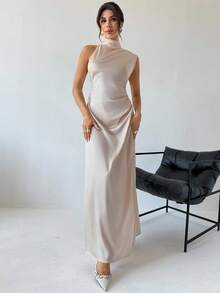 Firerie Women's Casual Elegant Backless Pearl Chain Dress / Imitation Silk Material Satin Texture / Carnival Party Season / Party Outfit / Wedding Guest Dress / Prom Dress / Party, Date, Coming Of Age Ceremony / New Year Dress / Shiny Dress / Champagne Dress / Luxury Evening Dresses For Women