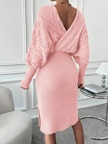 EMERY ROSE 蝙蝠袖开衩裹身毛衣裙针织套装针织两件套毛衣裙套装毛衣两件套冬季两件套 - 淺粉色 - 查看 2