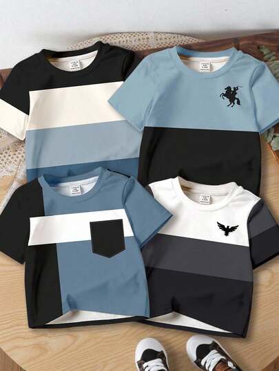 SHEIN 4 件套年轻男童休闲时尚拼色拼接图案舒适短袖 T 恤，适合春夏季