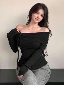 DAZY Women's Lace-Up Off Shoulder Fitted Long Sleeve Elegant Knit Sweater, Autumn/Winter