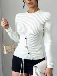 EURMUSE Women Solid Color Rib Knit Round Neck Button Detailed Pullover,Jumper,Cream Jumper,Jumpers,Black Jumper,Womens Jumper,White Jumper,Women's Jumper,Women's Jumpers,Winter Clothes - Cream - View 3