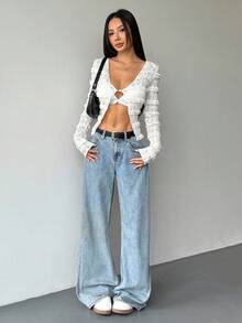 Chiquease Women's Autumn Back To School Striped Lace Crochet Long Sleeve V-Neck Cinched Waist Cardigan Sweater - Apricot - View 4