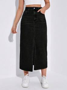SHEIN ICON Women's Casual Daily Cat Whisker Slit Denim Skirt - Black - View 3