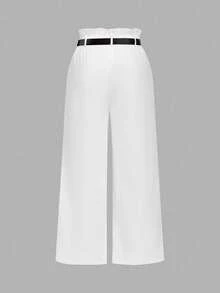SHEIN MOD Conjunto de 2 piezas de chaleco sin mangas blanco elegante y versátil de lino con cinturón y pantalones de pierna ancha de cintura alta