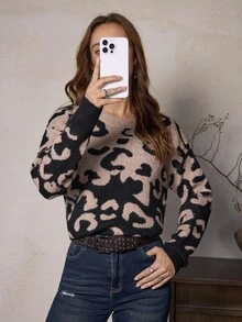 LanaWest Women's Leopard Print Crew Neck Long Sleeve Pullover Sweater - Coffee Brown - View 5