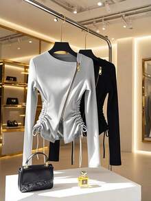 Lyxana 25+ Plus Size Women Elegant 2-Piece Gray & Black Long Sleeve Asymmetrical Front Dual-Zipper Drawstring Ruched Fitted Tshirt, Autumn/Winter - MultiWarna - View 1