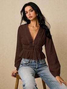 Poéselle 女士休闲通勤简约纯色 V 领灯笼袖前结短款上衣，春秋装