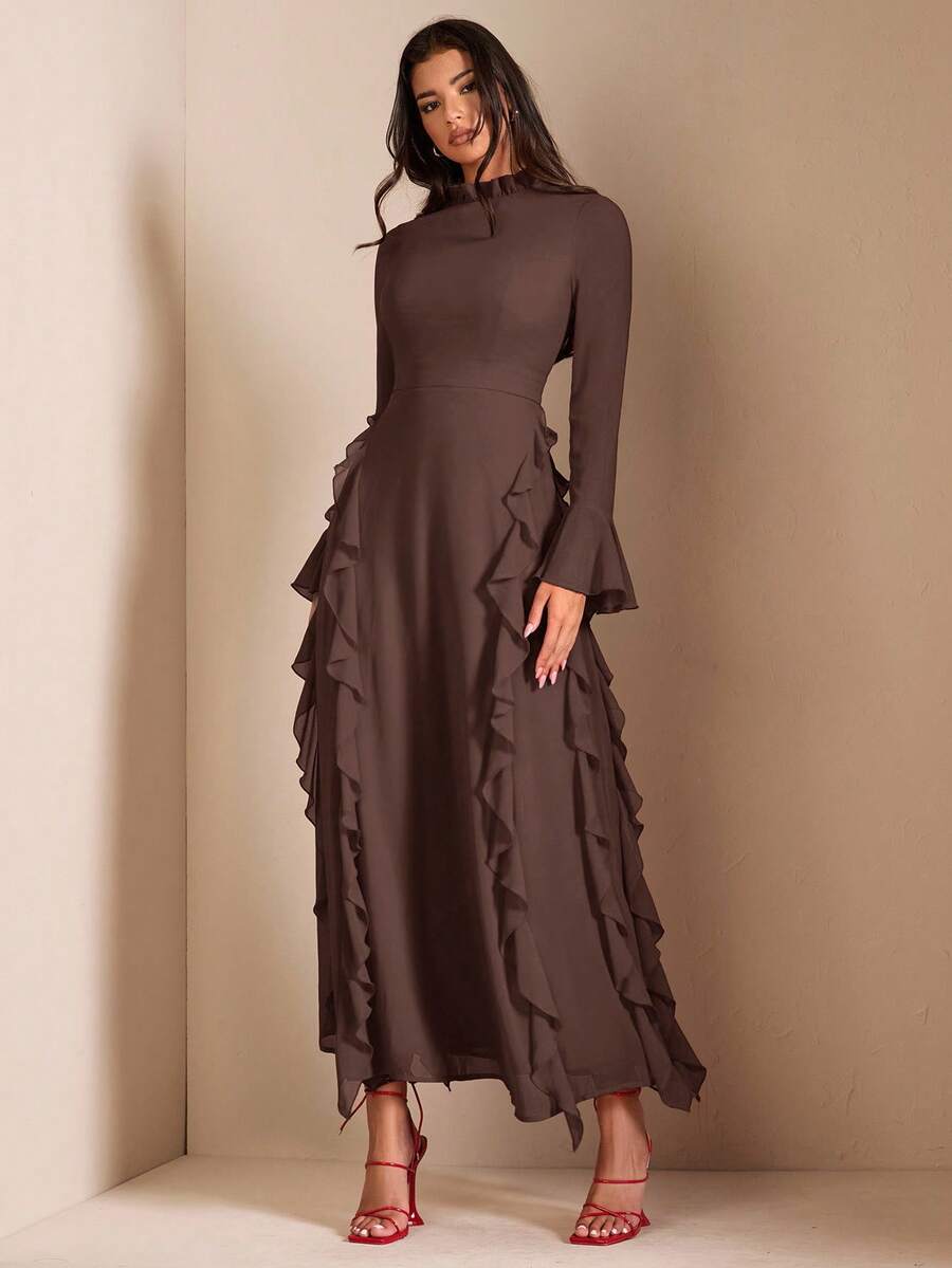 SHEIN BAE 女士优雅红色长袖高领荷叶边连衣裙，适合约会、晚宴等场合 - 棕色 - 查看 1