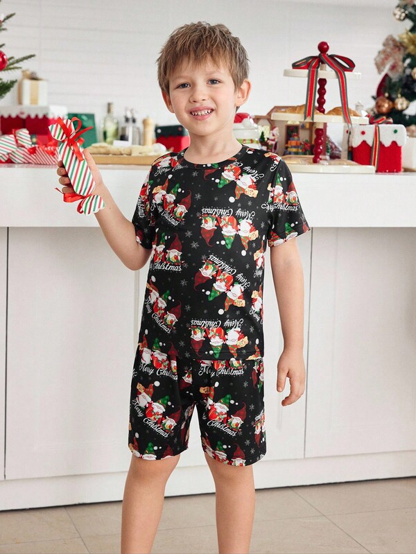 Toddler Boys Comfortable Cartoon Print Crew Neck Pajama Set, Family Party & Happy Family