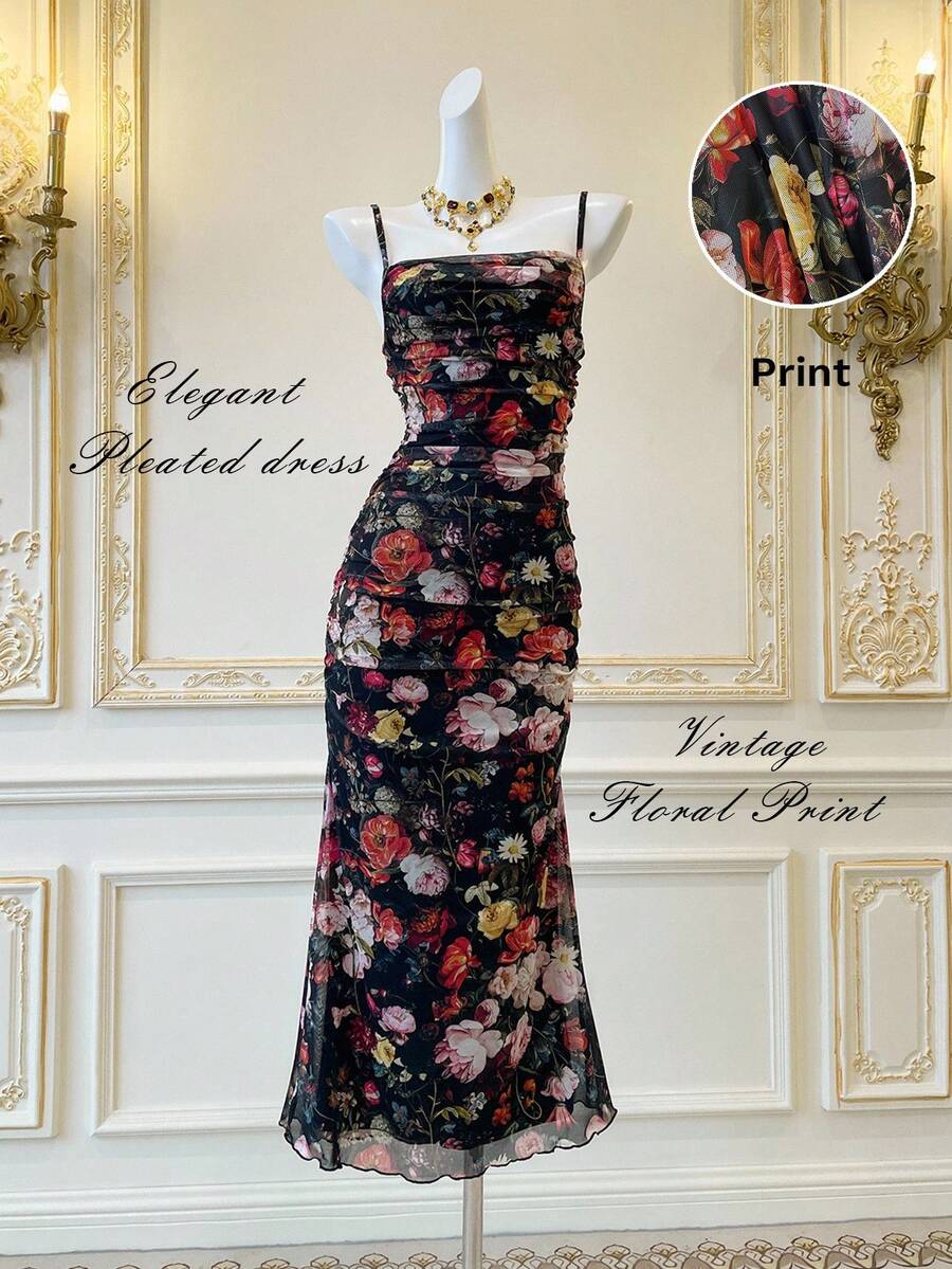 SHEIN MOD 花卉印花复古荷叶边吊带女式连衣裙 - 黑色 - 查看 1