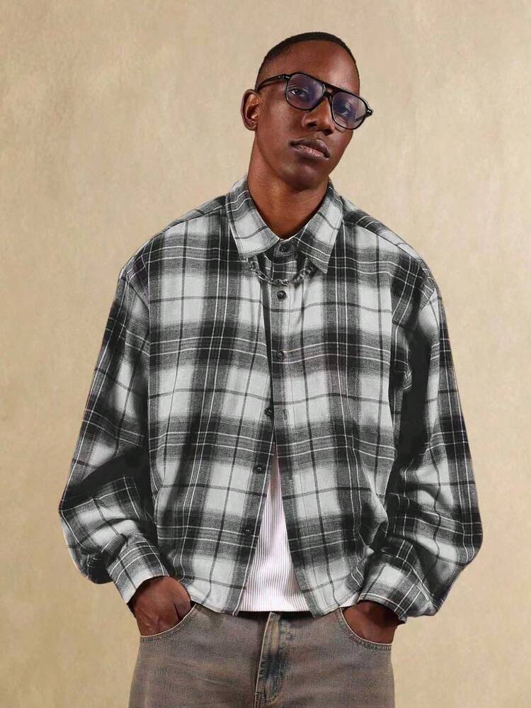 SUMWON Cotton Classic Button Down Long Sleeve Plaid Flannel Shirt Relaxed Fit Casual Fall Winter Heavyweight Oversized Collar Button Cuff Office Wear